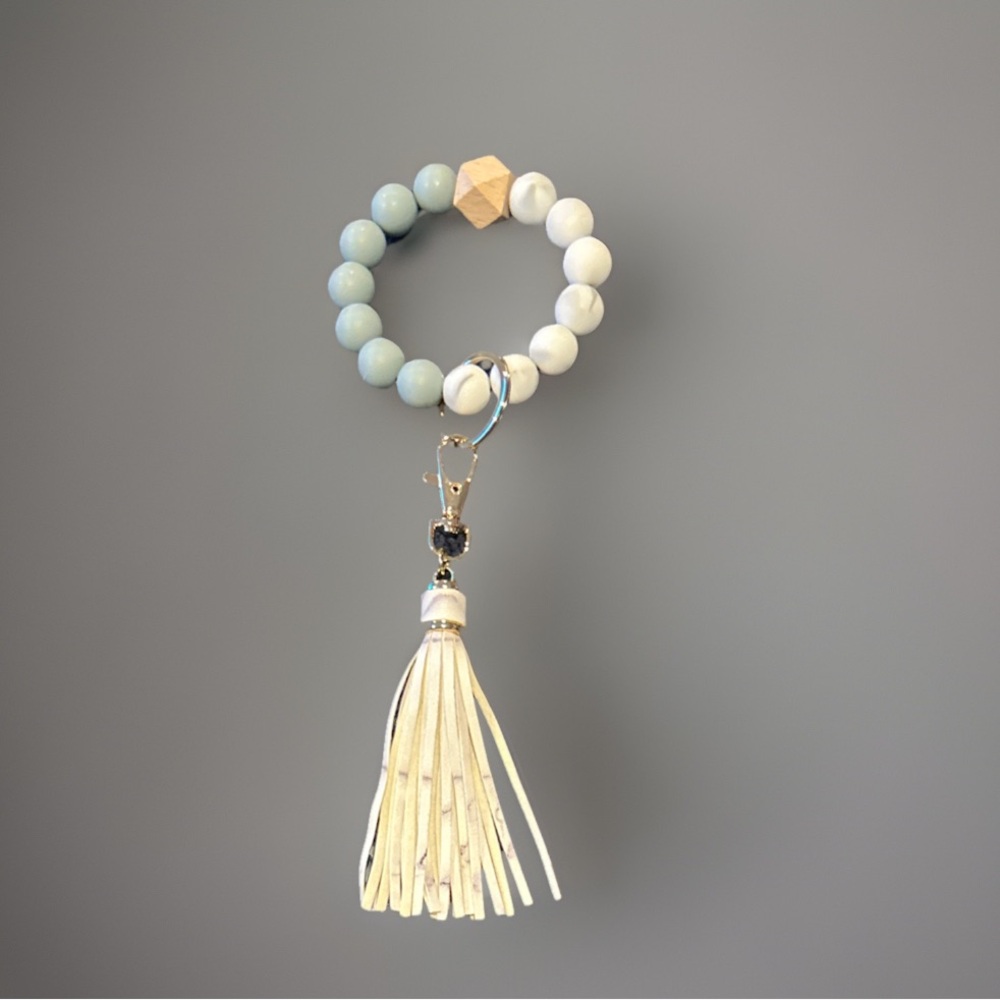 Elegant White and Slate Beaded Bracelet Keychain with Tassel